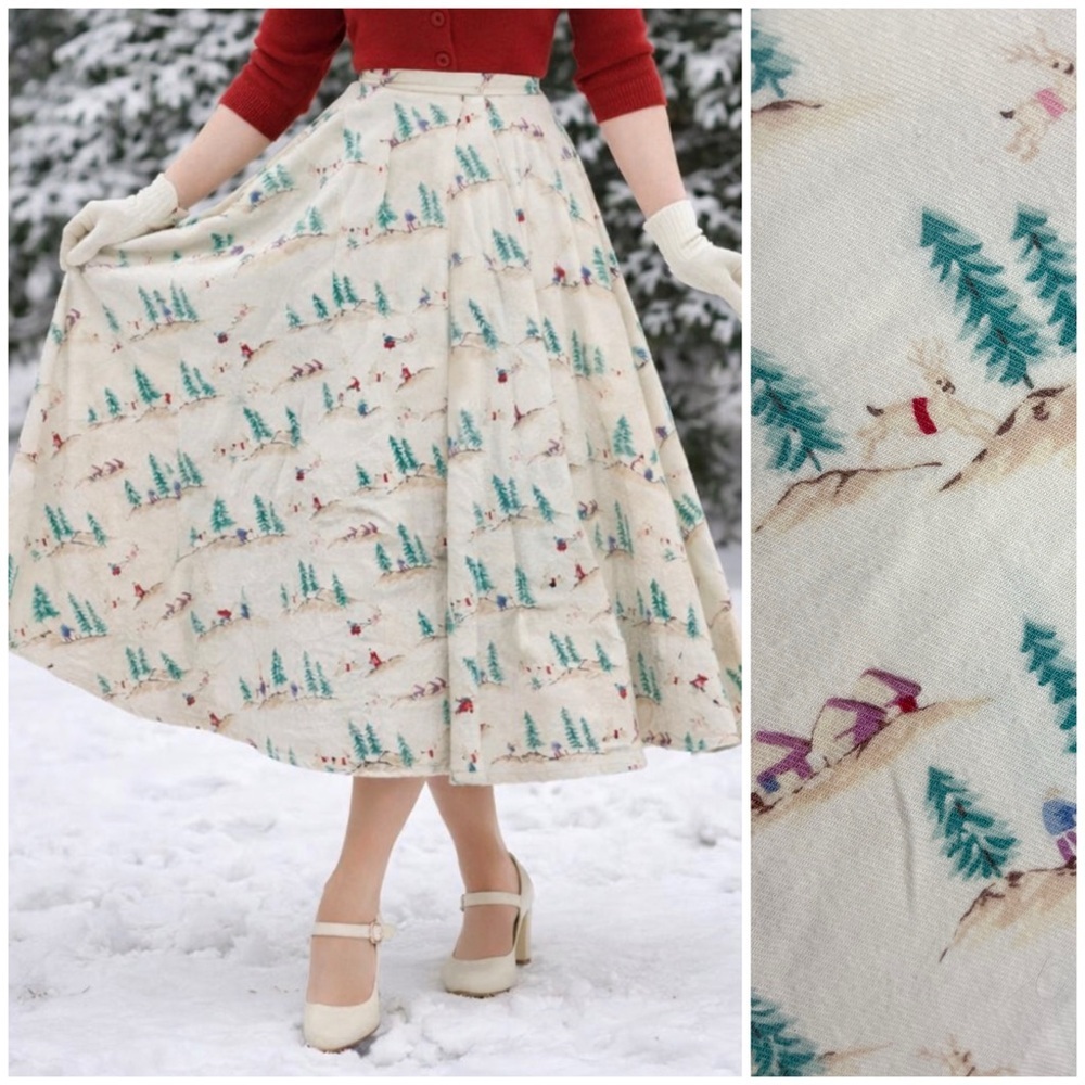 VINTAGE Eileen West Flannel Midi Skirt Printed Trees Reindeer Santa Christmas